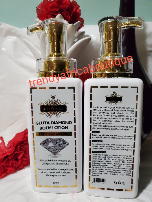5D Gluta Diamond Body Lotion, booster serum, face cream + soap combo sale. 7 Days Extra Whitening Recommended for Damaged Skin, Stretch Marks, Sunburns etc.