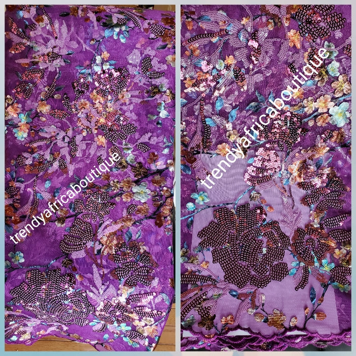 Sale: Top quality Lustrous purple embriodery french lace fabric embellished with sequence. Soft texture sold per 5 yards. African bridal/wedding/aso-ebi fabric. Ready to ship