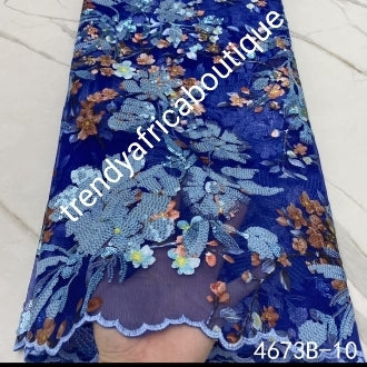 Sale: Top quality Lustrous royal blue embriodery french lace fabric embellished with sequence. Soft texture sold per 5 yards. African bridal/wedding/aso-ebi fabric. Ready to ship