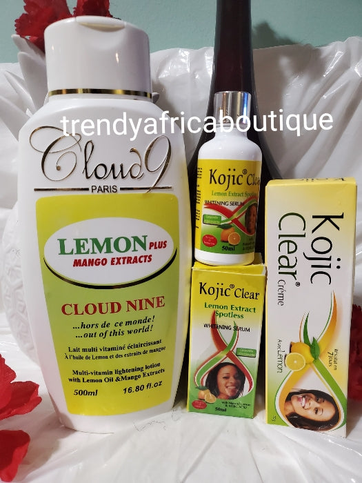 Schlussverkauf!!! Wolke 9 Paris. Vitamin Whitening-Körperlotion mit Lemon Plus- und Mango-Extrakten, 500 ml. + klares Kojic-Serum zur Korrektur dunkler Flecken, + klare Kojic-Tubencreme. Für ein makelloses Aufhellungsergebnis. 