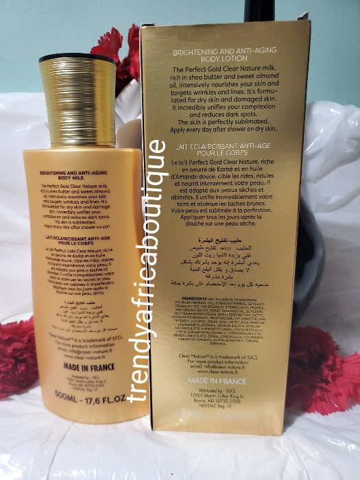 👌👌 Clear Nature GOLD  #2 perfect  brightening and anti-aging body lotion 500ml x 1. Rich in shea butter and sweet almond oil. Intensely nourishes your skin and targets wrinkles & black spots. Formulated for dry and damaged skin. QUALITY AT ITS BEST 👌👌👌