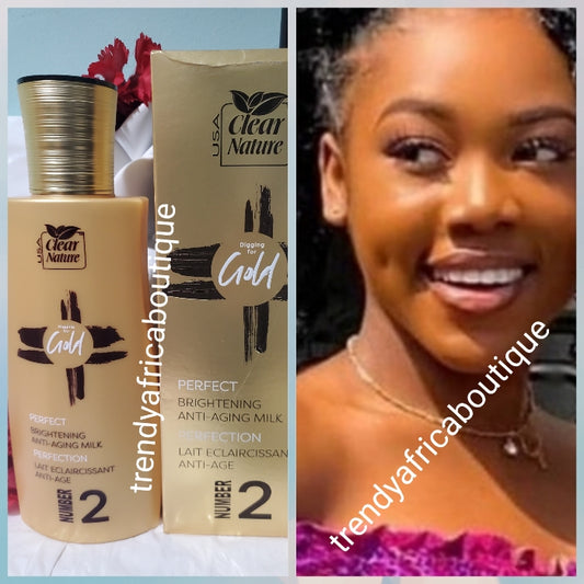 👌👌 Clear Nature GOLD  #2 perfect  brightening and anti-aging body lotion 500ml x 1. Rich in shea butter and sweet almond oil. Intensely nourishes your skin and targets wrinkles & black spots. Formulated for dry and damaged skin. QUALITY AT ITS BEST 👌👌👌