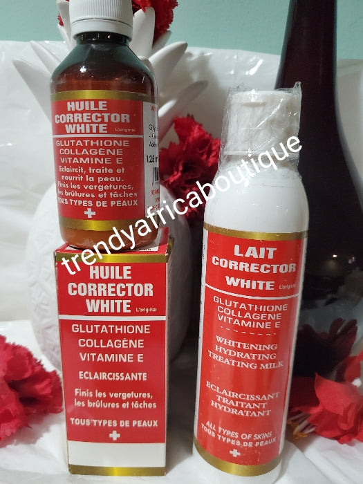Lait corrector white body milk whitening, treatment & hydrating lotion 250ml + corrector white serum/oil 120ml. Clears stretch marks, sun burn, scars, black spots