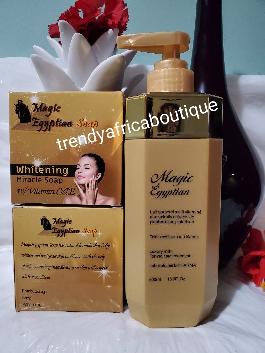 Magic egyptian Luxery skin whitening/treatment combo body lotion 500ml + miracle soap. anti- stains Formulated. With plant extracts & glutathione. Visible differences in 7 days.