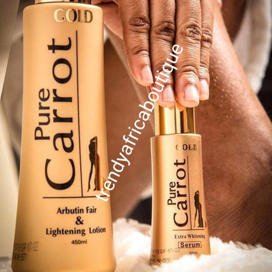 Pure Carrot Gold, Arbutin fair lightening body lotion 450ml + Serum 60ml Skin lightening and brightening with alpha arbutin, Shea butter, formula for caramel,/bronze skin