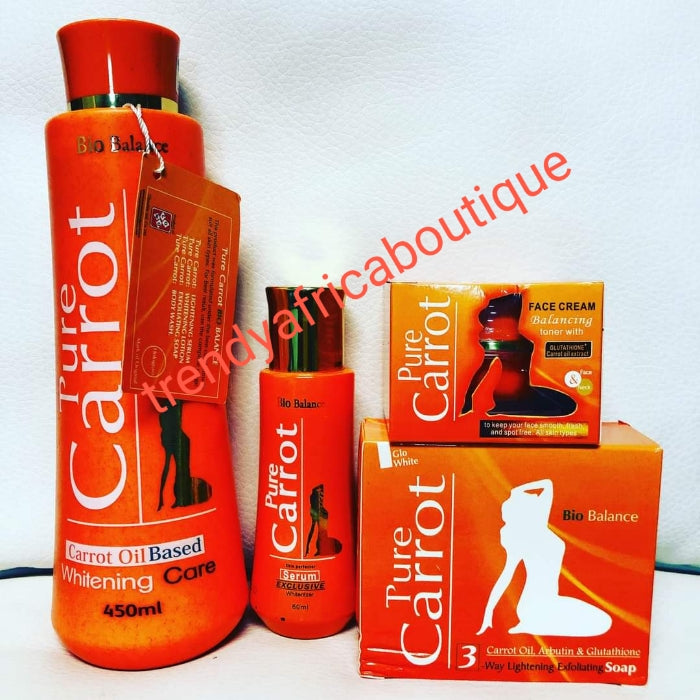 4pcs combo: Pure Carrot Bio Balance whitening Care formulated with carrot oil for a uniform fair tone. 450ml lotion, serum 60ml, face cream + soap. White and GLOW!