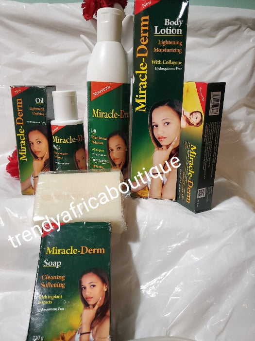 4pcs set of Miracle-Derm lightening & moisturing body lotion 350ml, serum 125ml, soap 220g, + miracle derm anti stretch marks/correcting tube set..