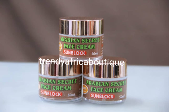 Arabian Secret Face cream with Sun block 50g jar x 1 jar. 7 days whitening Formulated with arbutin powder, glutathion powder: clear sun burn, eye circles, pimples and dark spots.,