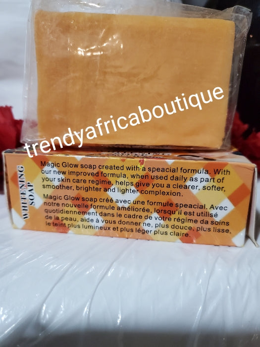 Magic Glow oil control whitening facial soap. 5 days white. For a smoother, brighter and lighter complexion 150g bar x1. Alpha arbutin plus papaya and carrot extracts