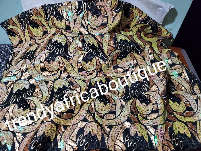 Top quality Lustrous Gold organzer sequence embriodery french lace fabric embellished with sequence. Soft texture sold per 5 yards. African bridal/wedding/aso-ebi fabric. Ready to ship