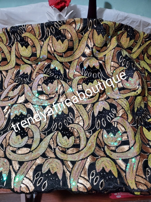 Top quality Lustrous Gold organzer sequence embriodery french lace fabric embellished with sequence. Soft texture sold per 5 yards. African bridal/wedding/aso-ebi fabric. Ready to ship