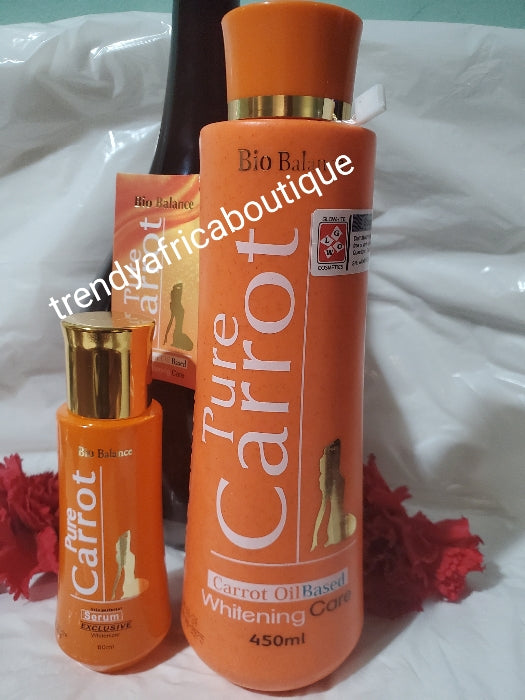 2pcs combo: Pure Carrot Bio Balance whitening Care formulated with carrot oil for a uniform fair tone. 450ml body Lotion + pure Carrot serum 60ml, White and GLOW!