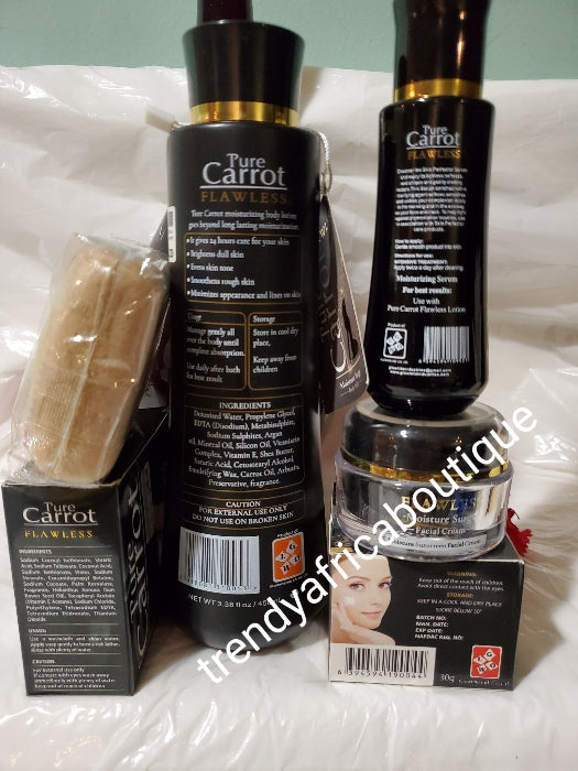 4pc set of pure carrot flawless moisture surge for Ebony skin! Body lotion 400ml, serum 60ml, face cream & soap combo sale