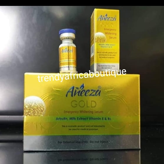 BACK IN STOCK: Aneeza Gold Emergency whitening milk serum/oil. Formulated with Arbutin, Milk extracts Vitamin E & B5 . X10 stronger serum in 15ml vail. Mix into your face cream or body lotion.