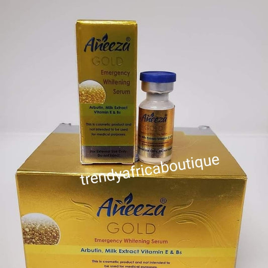 WIEDER AUF LAGER: Aneeza Gold Emergency Aufhellungsmilchserum/-öl. Formuliert mit Arbutin, Milchextrakten, Vitamin E und B5. X10 stärkeres Serum im 15-ml-Behälter. Mischen Sie es in Ihre Gesichtscreme oder Körperlotion.