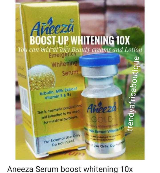 BACK IN STOCK: Aneeza Gold Emergency whitening milk serum/oil. Formulated with Arbutin, Milk extracts Vitamin E & B5 . X10 stronger serum in 15ml vail. Mix into your face cream or body lotion.