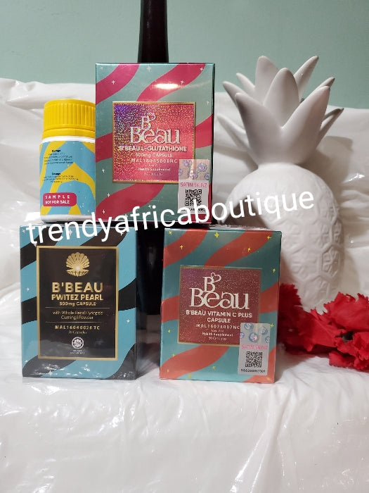 TRIO B' Beau set Advance suppliments:  Satin Skinz BBeau ×2 +  Pwitez Pearl whitening supplements 500mg x 30cap per bottle, Instant youthful glow, anti spot and malasma. For all skin type. Sale is for on set