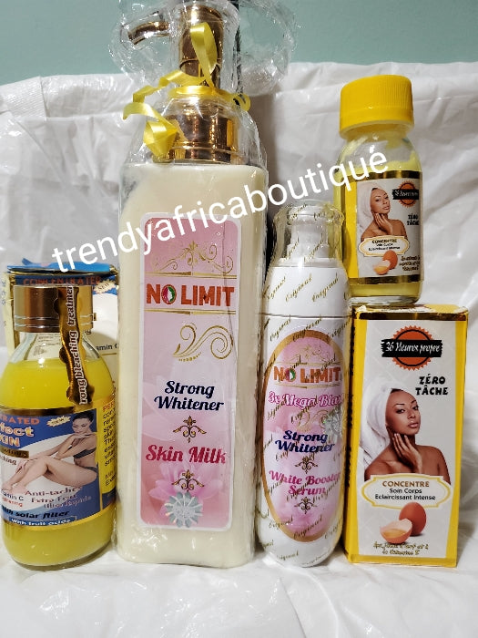 Combo set:  NO LIMIT Strong Whitener body lotion 500ml + 3X Mega blast strong whitener booster serum 60ml, + perfect skin concentrate oil + 36 heures zero tache serum 100% effective!