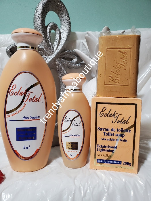 Back in stock Eclat total 2 in 1 skin lightening body lotion 500ml + eclat total  serum 150ml, + lightening soap combo. Lighens & treat
