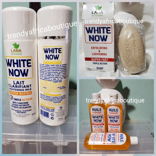 Bonuskauf: White Now Lait Clarifiant Triple Action Whitening Body Lotion, 500-ml-Flasche + Serum + Seife. Für optimale Ergebnisse empfiehlt es sich, das Serum gründlich mit der Lotion zu vermischen.