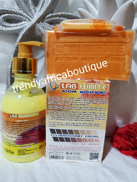 Lab white atom whitening Body lotion 250ml + face and body soap with egg yolk extracts. 160gx 1 bar soap. From Thailand