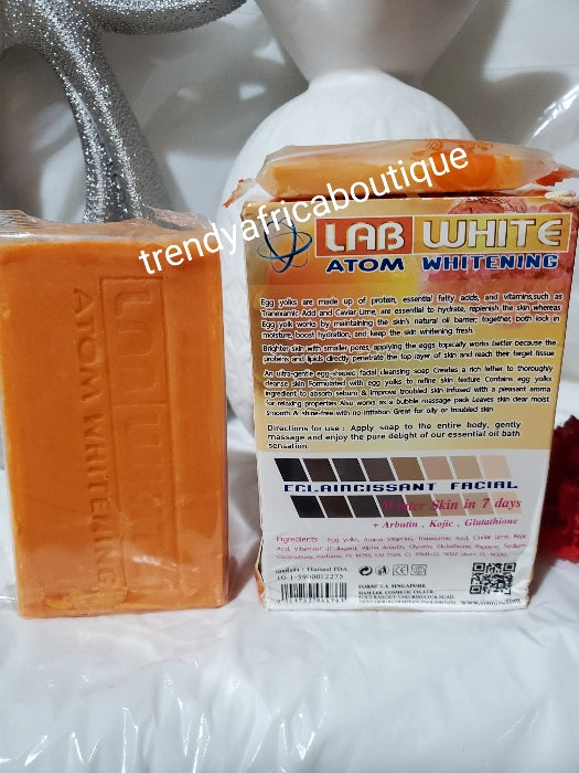 Lab white atom whitening face and body soap with egg yolk extracts. 160gx1 bar soap. From Thailand. Buy more and save!