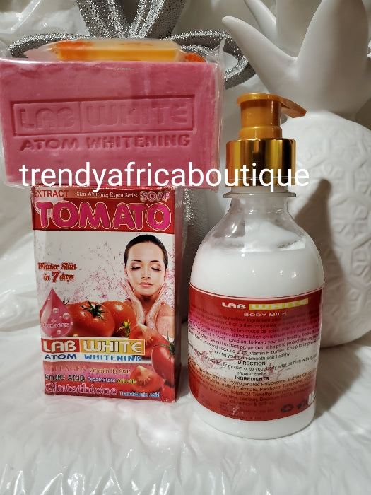 Lab white atom whitening Body lotion 250ml + face and body soap with tomato extract, kojic, glutathione collagen extracts.