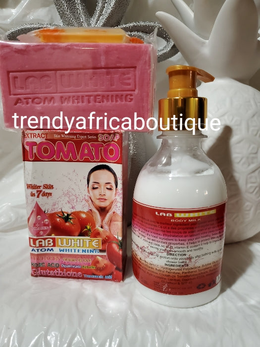 Lab white atom whitening Body lotion 250ml + face and body soap with tomato extract, kojic, glutathione collagen extracts.