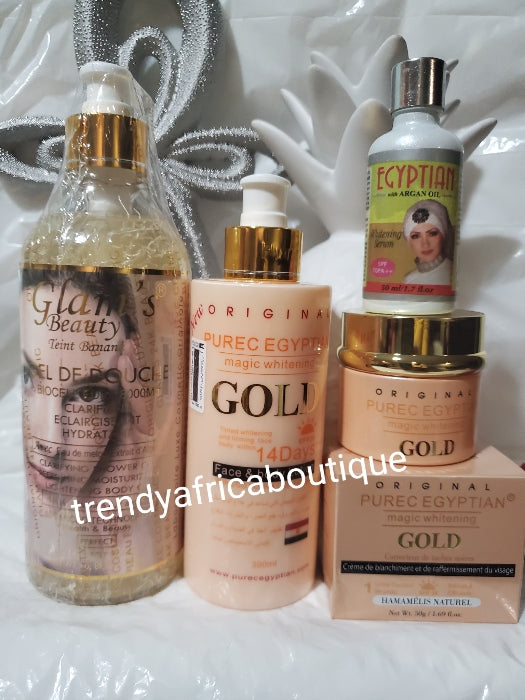 Combo deal: Original Purec Egyptian magic whitening Gold body lotion with egg yolk, Egyptian whitening serum, Purec face cream + Glam's exfoliating body wash combo sale: