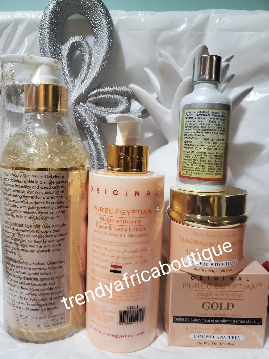 Combo deal: Original Purec Egyptian magic whitening Gold body lotion with egg yolk, Egyptian whitening serum, Purec face cream + Glam's exfoliating body wash combo sale: