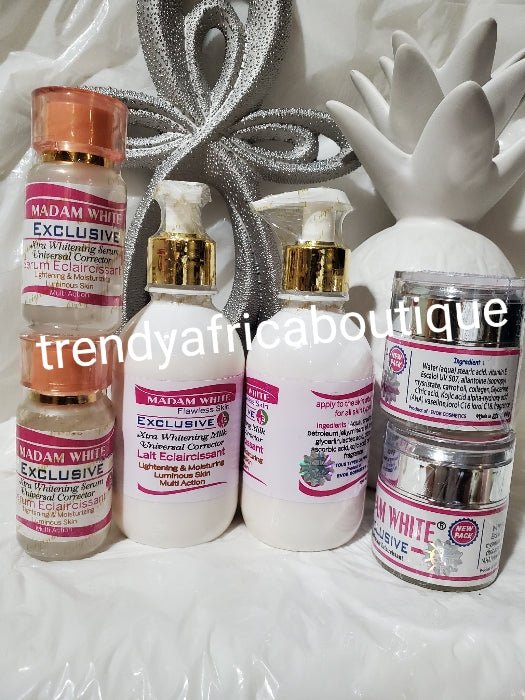 COMBO DEAL of  Madam white Exclusive flawless skin whitening, brightening  Body Lotion 250ml x 2 bottles, serum 60ml x 2,  face cream 60gx 2. Universal corrector, multi action set.