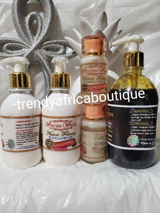 Combo Deal: whitish White exclusive Natural fairness body milk 250ml x 2, serum/oil 50ml x 2+ body wash 500ml x 1. Best deal!!.