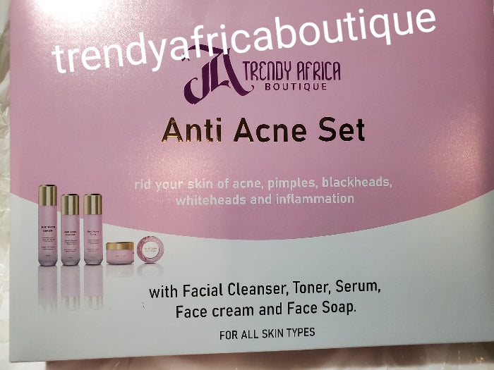 5pc. Anti Acne set: Facial cleanser, toner, serum, face cream and soap for all skin type: get rid of pimples; Black heads/white heads,Visible Results in 7 to 10 days Active ingredient is Salicylic Acid, tumeric extracts, tea tree, green tree etc.
