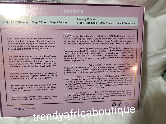 5pc. Anti Acne set: Facial cleanser, toner, serum, face cream and soap for all skin type: get rid of pimples; Black heads/white heads,Visible Results in 7 to 10 days Active ingredient is Salicylic Acid, tumeric extracts, tea tree, green tree etc.