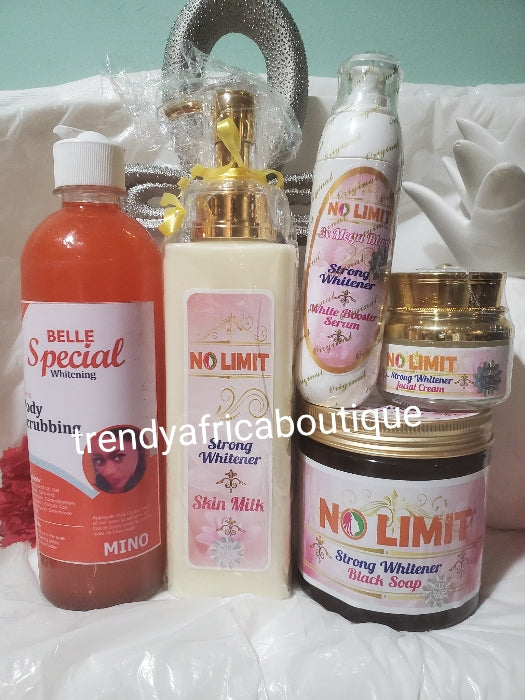 5pcs set of Original NO LIMIT Strong Whitener skin milk 500ml (sensitive skin) +  3X Mega blast strong whitener white booster serum 60ml, + NO LIMIT Face cream + No Limit Whitening black soap.  100% response on dark spots + mino body scrub .