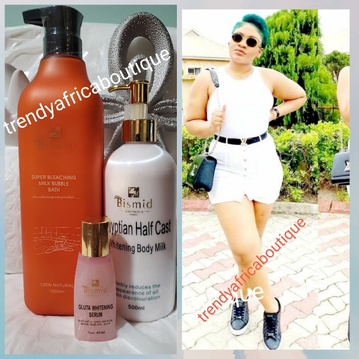 3-teiliges Set: Bismid Cosmetics Halfcast Body Lotion 500 ml + Gluta Whitening Serum/Öl 45 ml Flasche + Super Bleaching Body Milk 1000 ml 