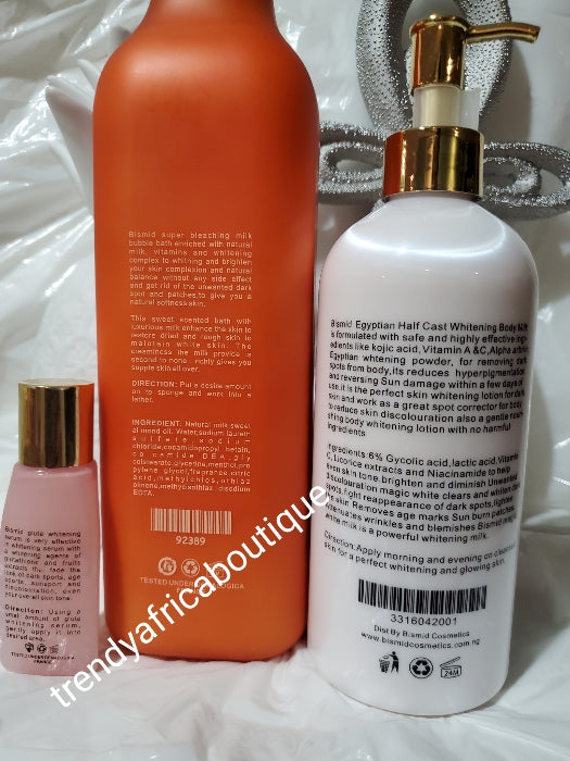 3pc set:  Bismid cosmetics halfcast body lotion 500ml + Gluta whitening serum/oil 45ml bottle + super bleaching body milk 1000ml