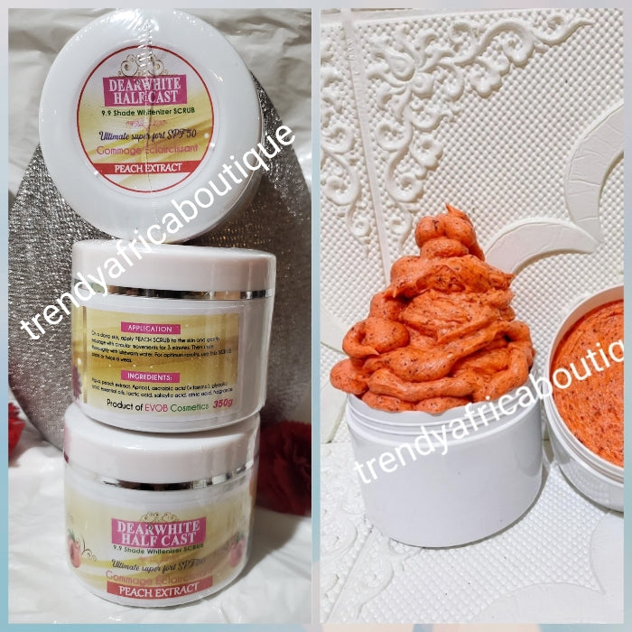 New product alert from Evob COSTMETICS: Dear White Half cast whitenizer Ultimate strong body Scrub with peach extracts 350g: treats discolorations, black spots. Deep exfoliating scrub. Good for tough knuckles!!