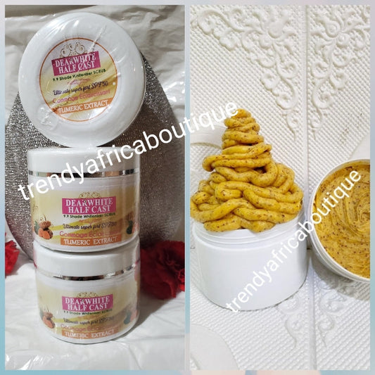 New product alert from Evob COSTMETICS: Dear White Half cast whitenizer Ultimate strong  tumeric body Scrub 350g: tough on discolorations, black spots. Deep exfoliating scrub also available in peach extracts