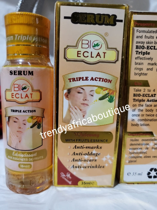 BIO ECLAT triple action face serum/oil. Facial whitening with fruit essence. Anti black spots, anti scars, anti wrinkles and old age. 35ml x1 bottle! Mix into face cream or apple directly.