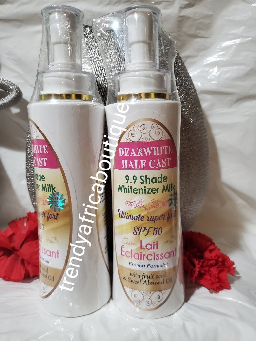 New product alert from Evob COSTMETICS: Dear White Half cast whitenizer body milk, ultimate super strong body lotion with spf 50. Formulated with fruit acid, almond oil etc. For stronger results,  WHOLESALE AVAILABLE Upon request!!