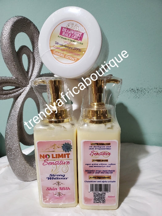 NO LIMIT Strong whitener body lotion for sensitive skin + dear white halfcast body scrub combo.