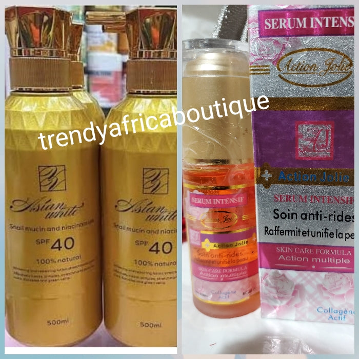 Combo sale:  Asian white snail mucin and Niacinamide  body lotion 500ml + Action jollie triple action whitening serum 60ml, best combo for skin repair and lighting ×1 set
