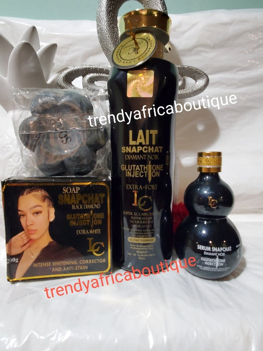 Combo: Lait Snapchat Black diamond body Lotion 500ml, snapchat black diamond soap 200g, + Snap chat serum: Beauty without filter. Extra Strong whitening milk with glutathion injection