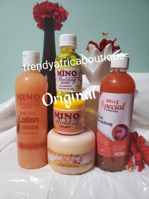 Mino wedding secret half cast set 5pc combo for a flawless halfcast complexion:Mino halfcast body lotion, body cream, face cream, face cleanser and the mino whitening body wash.