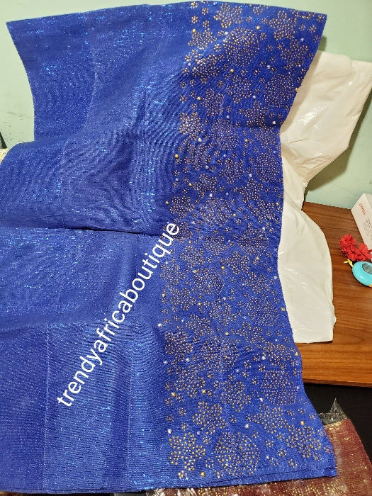 Quality  Royal blue aso-oke Bedazzled with gold sparkling stones/beads. Nigerian woven traditional Aso-oke for making stylish head wrap. for perfect stylish finish. Gele only. Extra wide gele for bigger head wrap. 72" long × 26" wide