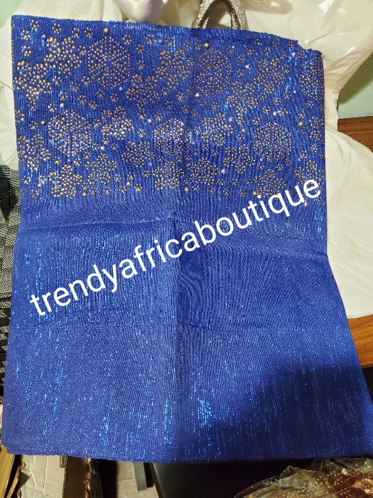Quality  Royal blue aso-oke Bedazzled with gold sparkling stones/beads. Nigerian woven traditional Aso-oke for making stylish head wrap. for perfect stylish finish. Gele only. Extra wide gele for bigger head wrap. 72" long × 26" wide