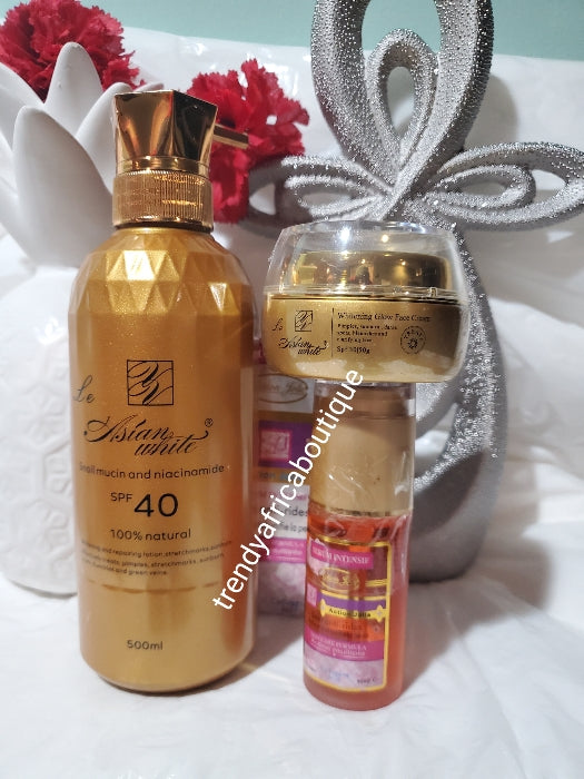 3pc Combo sale:  Asian white snail mucin and Niacinamide  body lotion 500ml + Action jollie triple action whitening serum 60ml, + le Asian whitening glow face cream