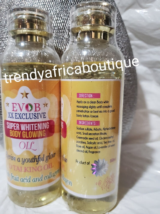 Perfect Set: EVOB XX EXCLUSIVE SUPER WHITENING & GLOWING BODY TALKING OIL + Exfoliating molato soap with collagen + Talking Glycerin with tumeric set.