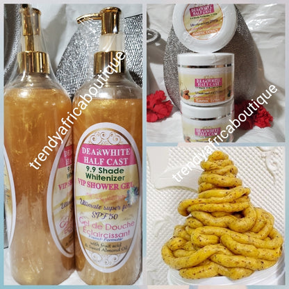2 in 1 combo deal: Dear White Halfcast Whitenizer shower gel 500mlx1 + anti black spots Turmeric or peach scrub 350g French formular with fruit acid and almond oil.